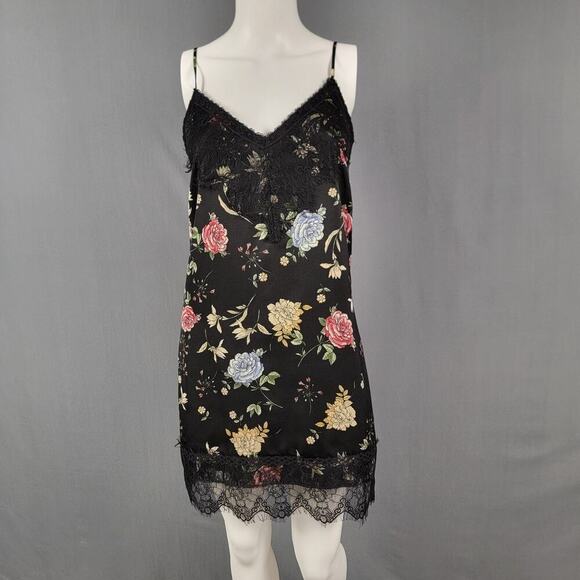 Bershka Slip Dress Small Black Floral Lace Trim Romantic Satincore - Picture 1 of 7